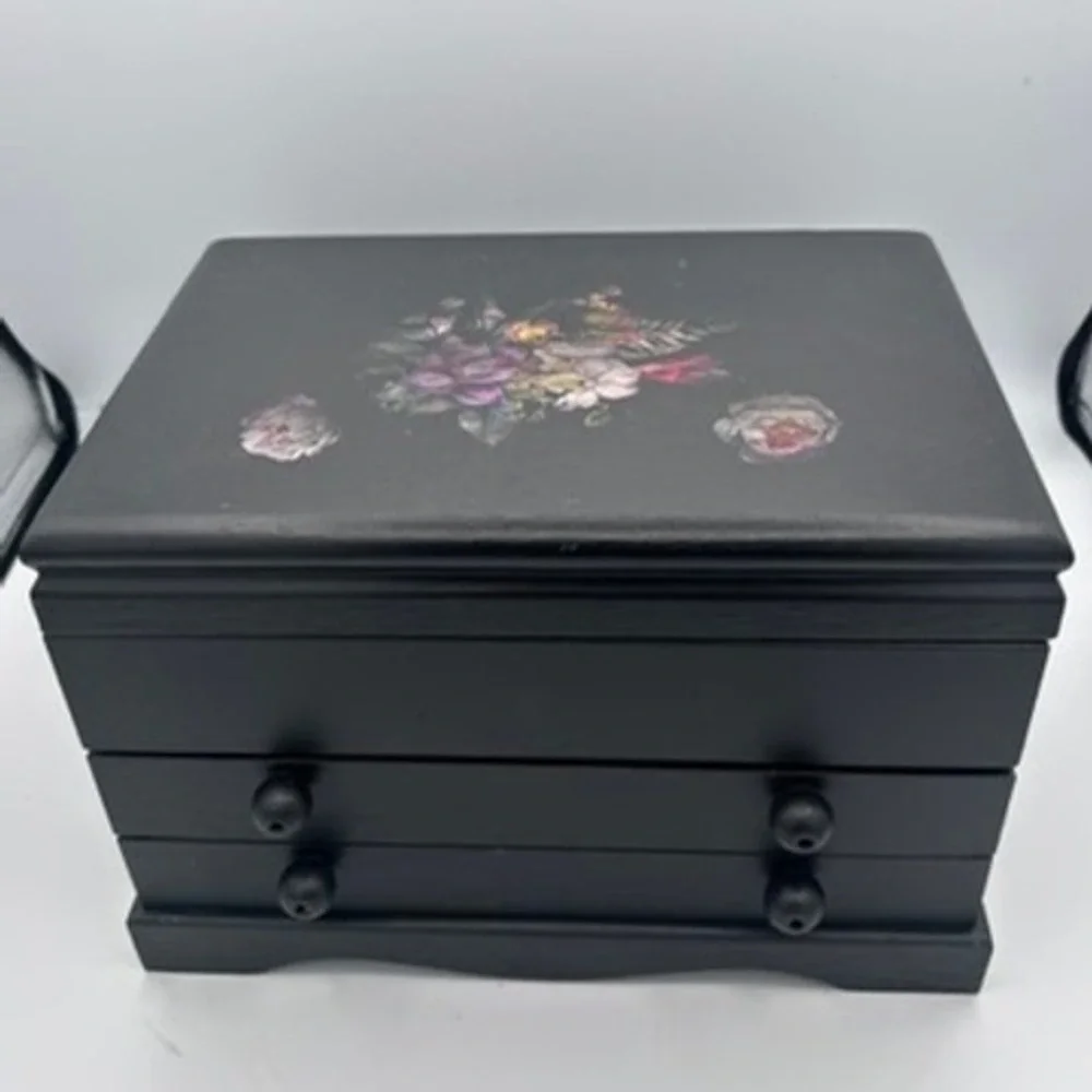 Vintage Wood Jewelry Box Organizer Black Floral Decal Storage Chest Cottagecore
